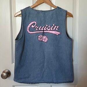 Vintage Blue Denim Vest, Pink Cruisin’ and Dice Satin Patches, Medium